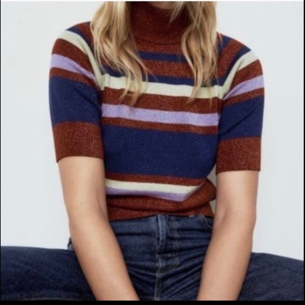 NWT Zara mock metallic knit short sleeve sweater Rust, blue, lavender, cream XL